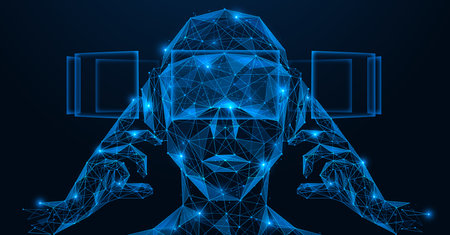 Person puts on virtual reality glasses. Polygonal design of interconnected lines and points. blue background.のイラスト素材
