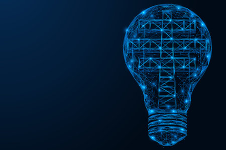 Light bulb with a power line tower inside. Low-poly design of interconnected lines and dots. blue background.のイラスト素材