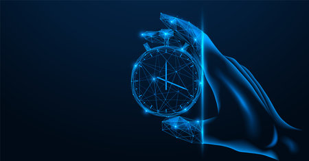 Hand holds stopwatch. Polygonal design of lines and dots. blue background.のイラスト素材