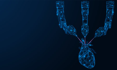 Robotic printer prints a human heart. Polygonal design of interconnected lines and points. blue background.のイラスト素材