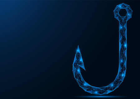fishing hook. Polygonal design of interconnected lines and points. blue background.