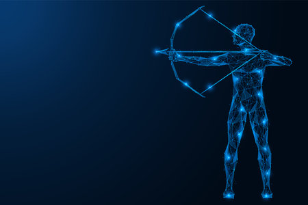Man aims with a bow. Polygonal design of interconnected lines and points. blue background.のイラスト素材