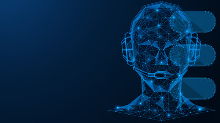 Chat bot, artificial intelligence conducts a dialogue. Polygonal design of interconnected lines and points. blue background.のイラスト素材