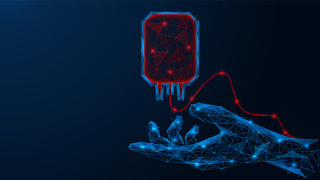 Donor's Day. A medical bag with blood over the arm. Low-poly design of interconnected lines and dots. blue background.のイラスト素材