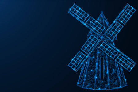 windy grain mill. Polygonal design of interconnected lines and points. blue background.のイラスト素材