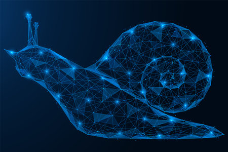 Crawling snail. Polygonal design of interconnected lines and points. blue background.のイラスト素材