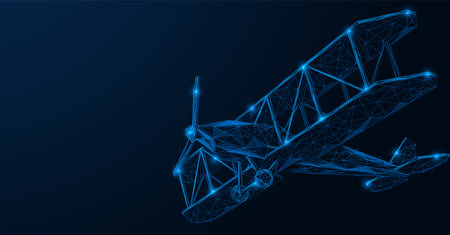 Biplane, flying plane. Polygonal design of interconnected lines and points. blue background.のイラスト素材