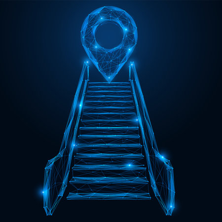The end point of the route is at the top of the stairs. Low-poly design of interconnected lines and dots. blue background.のイラスト素材