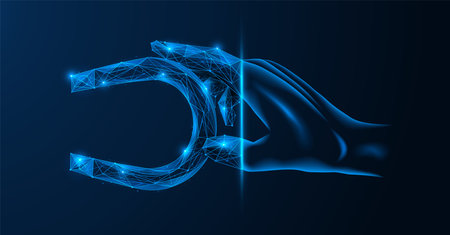 Hand holds a magnet. Low-poly design of interconnected lines and dots. blue background.のイラスト素材