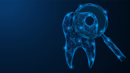 dental examination. A magnifying glass detects caries in the tooth. Polygonal design of interconnected lines and points. blue background.のイラスト素材