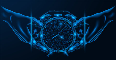 Hands holding the alarm clock. Low-poly design of interconnected lines and dots. blue background.のイラスト素材