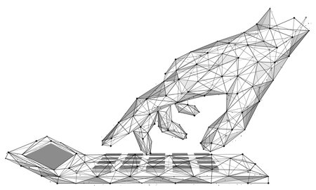 Hand presses the buttons on the calculator. Polygonal design of interconnected lines and points....