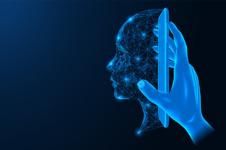 Hand is holding an artificial intelligence phone. The face of the virtual assistant in the device screen. Polygonal design. Blue background.のイラスト素材
