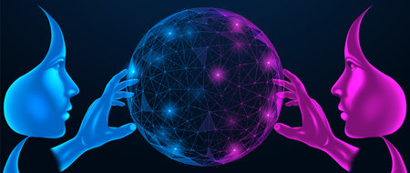 Hands hold the sphere. Polygonal design of interconnected elements.
