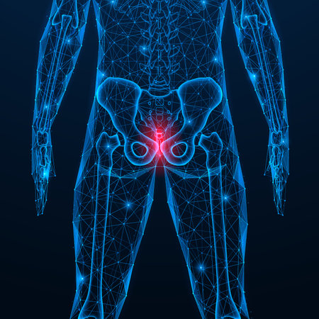 Pain in the coccyx. Polygonal design of interconnected lines and dots. Blue background.