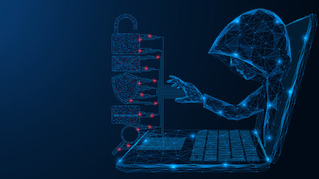 Hacker in a hood gets access to user data from a laptop screen. A polygonal drawing of interconnected lines and dots. Blue background.のイラスト素材