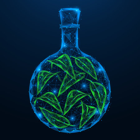 A bottle with leaves, plant extract. Polygonal design of interconnected lines and dots. Blue background.のイラスト素材