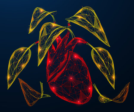 Yellow leaves wither and fall from the human heart. Polygonal design of interconnected lines and dots.のイラスト素材