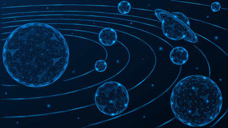 The solar system, the planets revolve around the sun. Polygonal design of lines and dots. Blue background.のイラスト素材