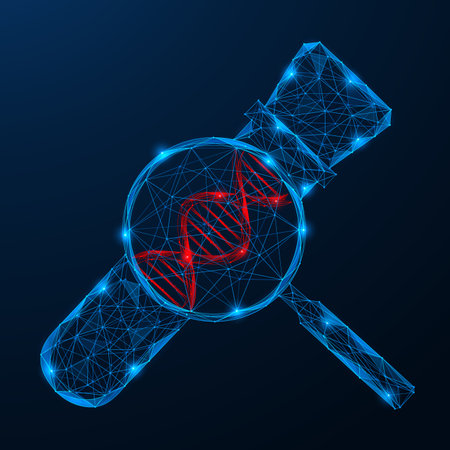 Dna in a flask under a magnifying glass. Polygonal design of interconnected lines and dots. Blue background.のイラスト素材