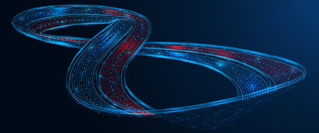 The road of infinity. The concept of an endless path, development and continuous progress. Low-poly design of interconnected lines and dots, blue background.のイラスト素材
