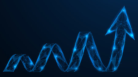 A wave of progress. An arrow that spirals upward, symbolizing growth, development and moving forward. Polygonal design, blue background.のイラスト素材