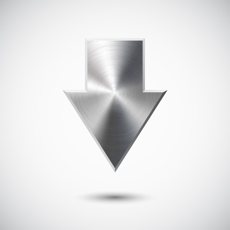 Down arrow sign with realistic metal (silver, chrome, steel) texture, light background and shadow for web sites and interfaces.のイラスト素材