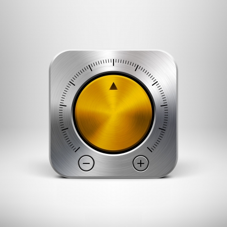 Abstract technology app icon with music button (volume, sound control knob), metal texture (stainless steel, chrome, silver), shadow and light background for web user interfaces (UI) and applications.のイラスト素材