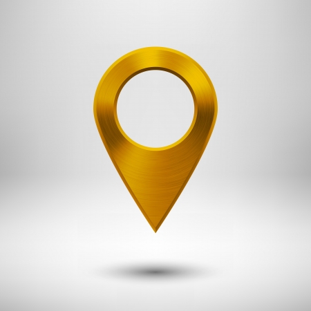 Technology map pointer (button, badge) template with gold metal texture (chrome, silver, steel), realistic shadow and light background for user interfaces (UI), applications (apps) and presentations.のイラスト素材