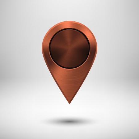 Technology map pointer (button, badge) template with bronze metal texture (chrome, silver, steel, copper), realistic shadow and light background for user interfaces, applications (apps) and presentations.のイラスト素材