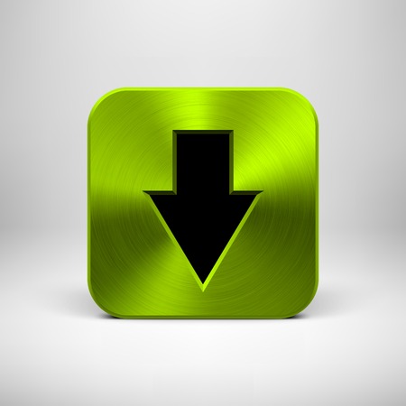 Green abstract technology app icon, button template with download arrow sign, metal texture (steel, chrome, silver) and realistic shadow for web sites, user interfaces (UI) and applications (apps).のイラスト素材