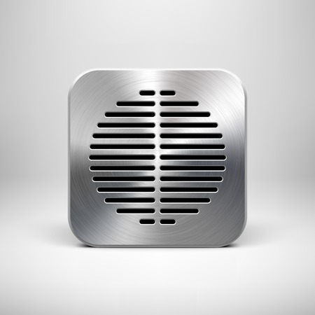 Abstract technology app icon, blank button template with metal texture (chrome, silver, steel), realistic shadow and light background for web sites, user interfaces (UI) and applications (apps).のイラスト素材