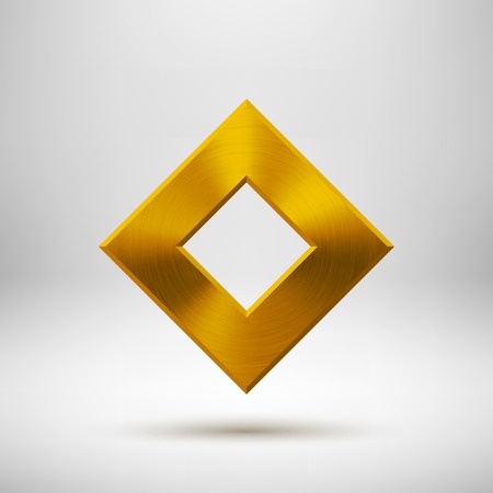 Gold abstract technology rhombic badge, blank button template with metal texture (chrome, silver, steel), realistic shadow and light background for web user interfaces, UI, applications, apps. Vector.のイラスト素材