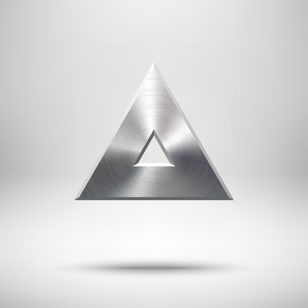 Abstract triangle badge, blank button template with metal texture (chrome, silver, steel), realistic shadow and light background for web user interfaces, UI, applications and apps. Vector illustrationのイラスト素材