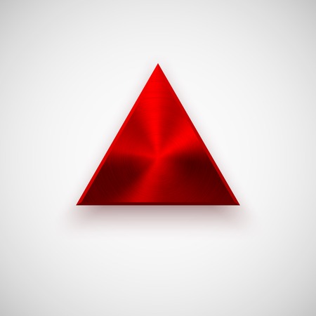 Red abstract technology triangle badge, blank button template with metal texture (chrome, silver, steel), realistic shadow and light background for web user interfaces, UI, applications, apps. Vectorのイラスト素材