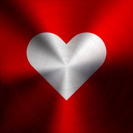Abstract Valentine's heart sign with red metal texture (chrome, steel, silver for user interfaces, UI and  applications, apps. Vector illustration.のイラスト素材