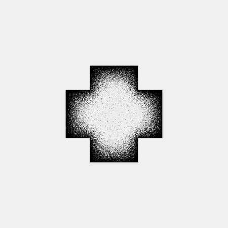 Abstract geometric shape, cross badge with film grain, grunge texture and black background for for logo, design concepts, banners, posters, web, presentations and prints. Vector illustration.のイラスト素材