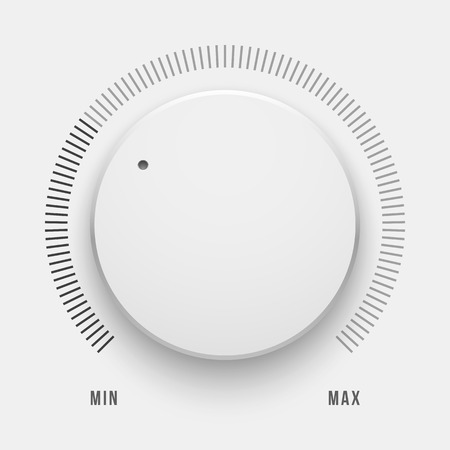 White technology music button, volume knob with realistic designed shadow, range scale and light background for internet sites, web user interfaces, UI, applications, apps. Vector illustration.のイラスト素材