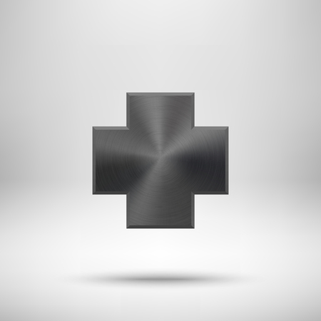Black abstract cross badge, blank button template with metal texture, chrome, silver, steel and realistic shadow for logo, design concepts, banners, interfaces, UI, apps, web. Vector illustration.のイラスト素材