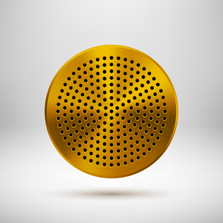 Gold abstract circle badge, audio button template with circle perforated speaker grill pattern, metal texture (chrome, steel, silver), realistic shadow and light background. Vector illustration.のイラスト素材