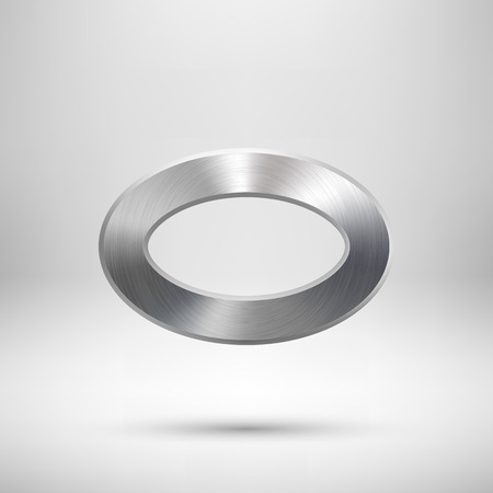 Abstract donut, technology ellipse, oval ring badge, blank button template with metal texture, chrome, silver, steel and realistic shadow for logo, design concepts, web, UI, apps. Vector illustration.のイラスト素材