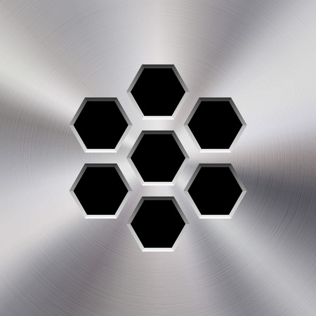 Audio speaker template, dynamic with perforated grill pattern and polished, circular metal texture, chrome, silver, steel, aluminum for design concepts, web, apps, interfaces, UI. Vector illustration.のイラスト素材