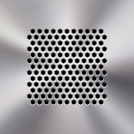 Audio speaker template, dynamic with perforated grill pattern and polished, circular metal texture, chrome, silver, steel, aluminum for design concepts, web, apps, interfaces, UI. Vector illustration.のイラスト素材