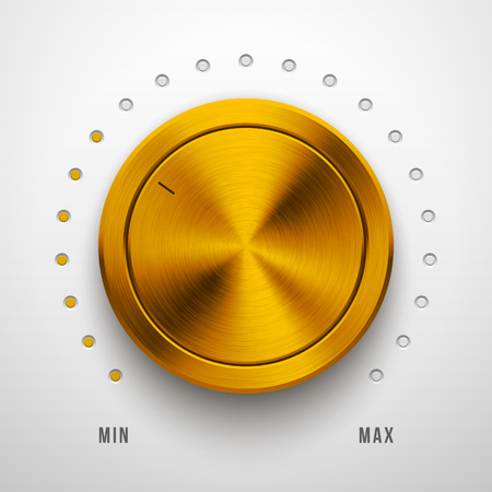 Gold metal audio volume knob, technology music button template, with metallic circular brushed texture, chrome, steel, range scale and realistic shadow for design, web, interfaces, UI, apps. Vectorのイラスト素材