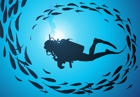 The diver is surrounded with a jamb of fishesのイラスト素材