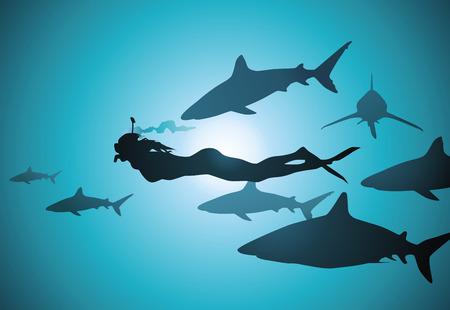 The diver-girl floats in an environment of spiteful sharksのイラスト素材