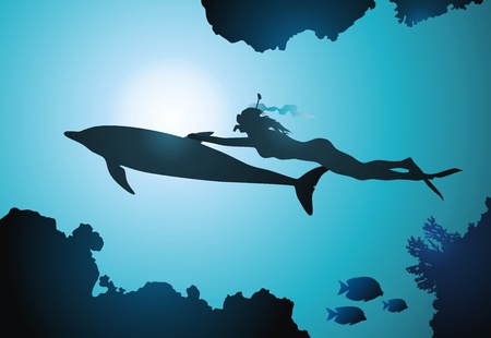 The girl-diver floats together with a dolphin among reevesのイラスト素材