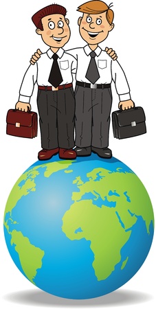 Two businessmen with portfolios stand on globeのイラスト素材