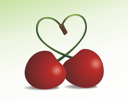 Two ripe cherries with small stalks in the form of heartのイラスト素材