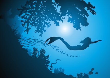The mermaid floats among corals and a jamb of sea fishesのイラスト素材